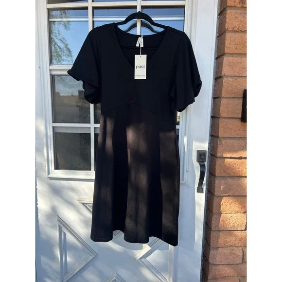 NWT Pact Black Organic Cotton Fit and Flare V-Neck A-Line Dress M Party LBD - Picture 1 of 8